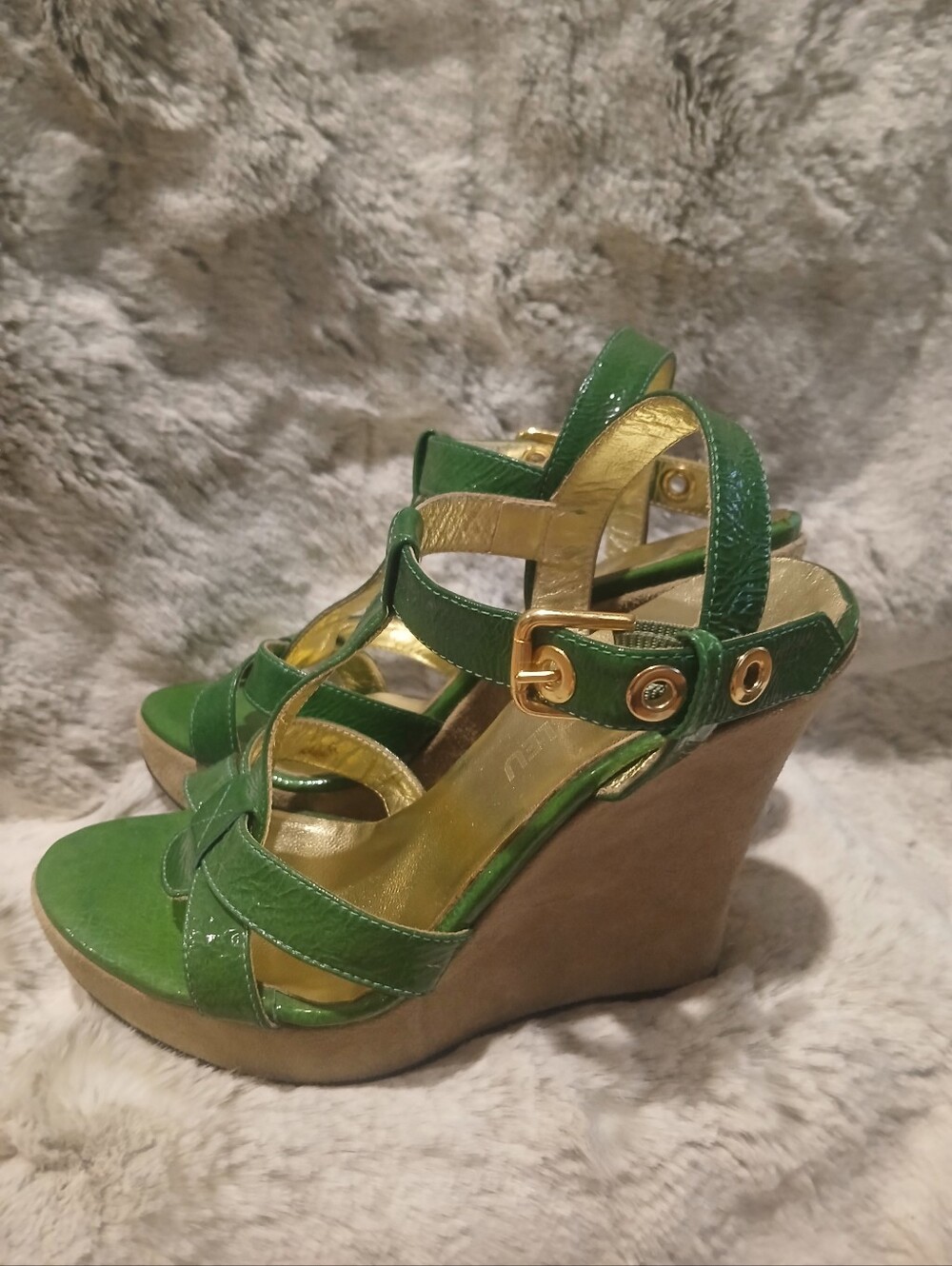 Green Wedge Sandals with Gold Accents - Women's Strappy Wedges